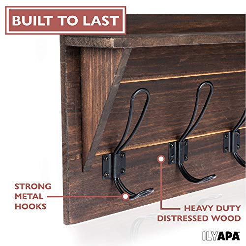 Ilyapa Barnwood Coat Rack Wall Mount - Wood Wall Mount Coat Rack with Hooks, 6 Metal Hooks - for Hats, Coats, Kitchen, Bedroom, and More - Barnwood
