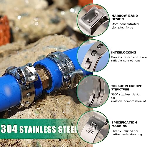 OURU 150 Pack 3/8 Inch Pex Clamps,304 Stainless Steel Pex Cinch Clamps Stepless Pex Crimp Rings PEX fittings Pinch Clamps,Single Ear Hose Clamps for Pex Tubing Pipe