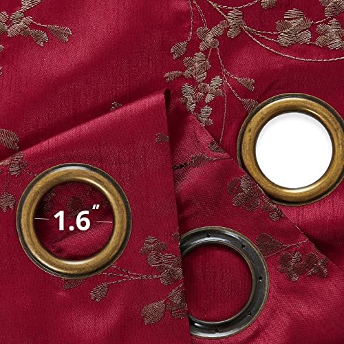 jinchan Floral Curtains Embroidered Curtains for Living Room 63 Inch Length Faux Silk Curtains Burgundy Red Flower Patterned Drapes Light Filtering Curtains Window Curtain Set 2 Panels