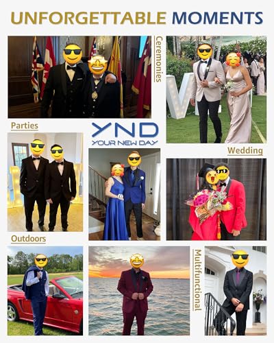 YND Men's 3 Piece Luxury Tuxedo Set, Jacquard Slim Fit Shawl Lapel Jacket Vest & Pants with Bow Tie, Premium Tuxedo for Men, Red