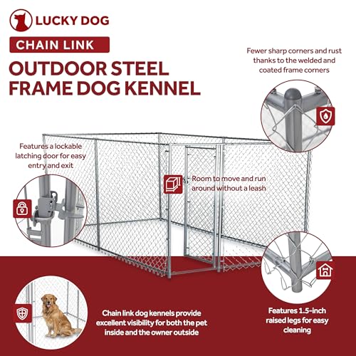 Lucky Dog Heavy Duty Outdoor Galvanized Chain Link Dog Kennel Enclosure with Latching Door, 1.5 Inch Raised Legs, and Adjustable Configuration, Silver