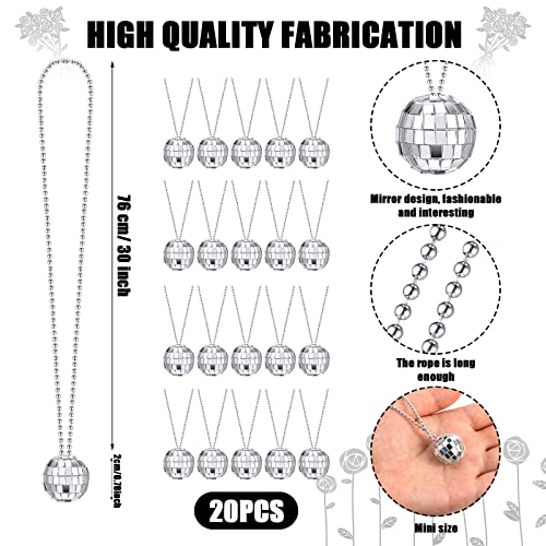 Sureio 20 Pcs Mirror Disco Ball Necklaces Silver Hanging Balls Ornament 70s Disco Party Necklaces Mini 70s Jewelry Party Favor Decoration Costume Accessories for Dance Supplies(0.79 Inch)
