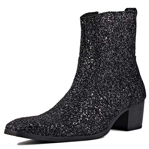 OSSTONE Dress Boot for Men Leather Glitter Chukka Designer Boots Casual Heel Shoes Zipper-up JY009-Silver Black-11.5