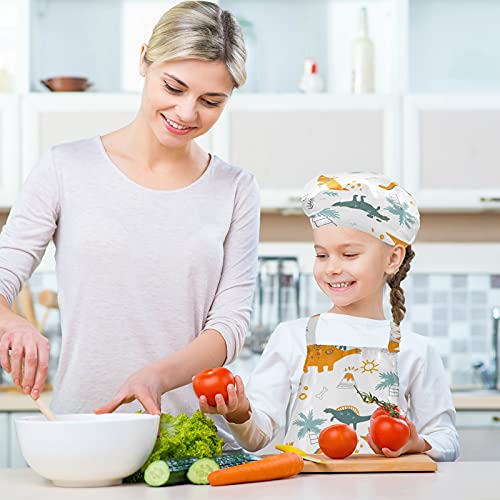 Kids Apron Chef Hat Set for Girls Cute Boys Dinosaur Pattern Waterproof with Pockets Painting Cooking 3-6