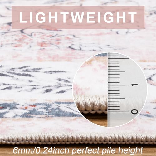 LIVEBOX 5x7 Pink Boho Rugs for Living Room, Soft Nursery Rug Non-Slip Faux Wool Rug for Bedroom Girls, Ultra-Thin Washable Area Rug for Girls Room, Non-Shedding Blush Pink Floral Rug