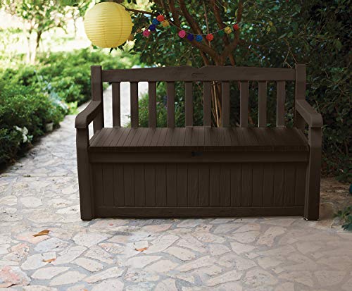 Keter Solana 70 Gallon Storage Bench Deck Box for Patio Furniture, Front Porch Decor and Outdoor Seating – Perfect to Store Garden Tools and Pool Toys, Brown/Brown