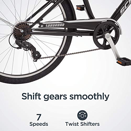 Schwinn Suburban Hybrid Bike, 26 Inch Mens and Womens Bike, 7-Speed Hybrid Bicycle, Front and Rear Linear Pull Brakes, Ergonomic Grips, Comfort Frame, Large Cushioned Seat, Fenders, Adult Bicycle