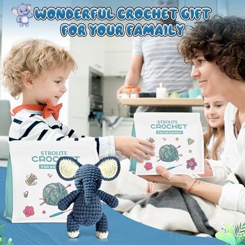 STROLITE Crochet Kit for Beginners, Elephant Crochet Animal Kits for Adults and Kids, with Step-by-Step Video Tutorials, Knitting Kit Starter Pack, DIY Knitting Supplies, Amigurumi Crochet Kit Gifts