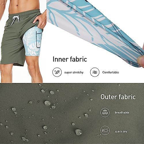 Arcweg Mens Swim Trunks with Compression Liner 9" Inseam Quick Dry Beach Shorts with Pockets Swim Shorts