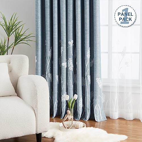 Melodieux Wheat Embroidery Linen Blackout Curtains for Living Room Bedroom Grommet Window Drape, White Wheat/Aqua Blue, 52 by 84 Inch (1 Panel)