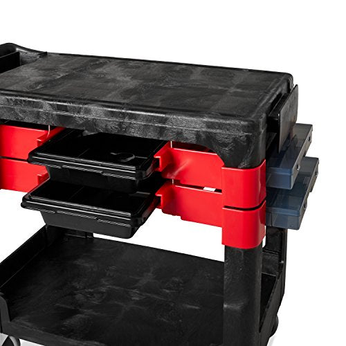 Rubbermaid Commercial Products Trades Tool Utility Cart Mobile Work Station With 2 Parts Boxes and 4 Parts Bins 330 lb. Capacity 5" Casters Black for Warehouse/Garage/Cleaning/Maintenance