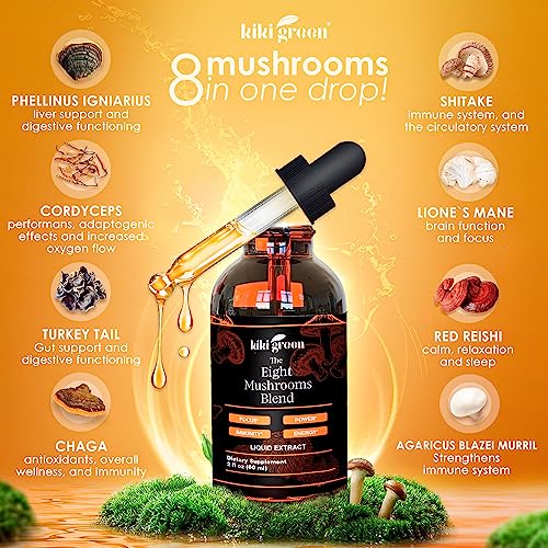 KIKI Green Liquid Mushroom Extract Drops - 8 Mushrooms Complex for Cognitive Support and Immunity Boost - Lions Mane Supplement, Cordyceps, Chaga, Reishi, Shiitake, Turkey Tail, Maitake, Red Reishi