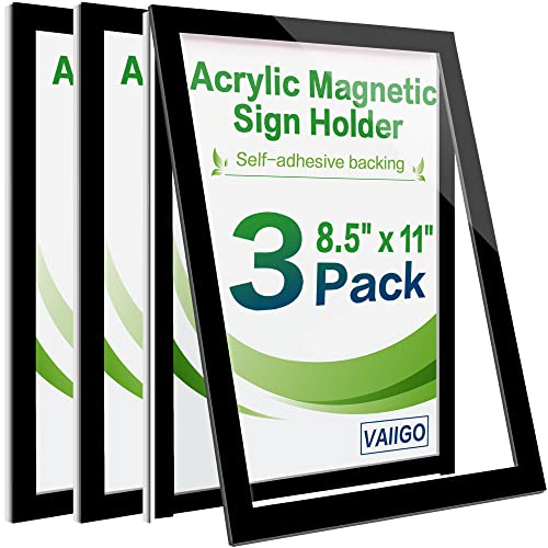 VAIIGO 8.5" x 11" Acrylic Sign Holder Wall Mount, Self-Adhesive Magnetic Display Frame with Nano Tape and Strong Magnetic Border for Wall, Door, Glass, Home, Store, Office (Black, 3Pack)