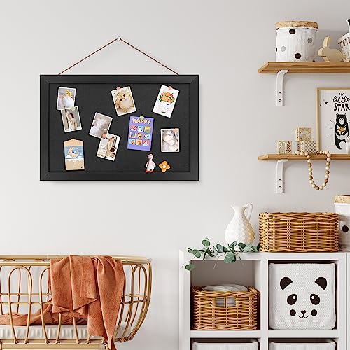 AKTOP Black Cork Board with Linen 16.7" X 11", Small Framed Bulletin Board for Wall, Hanging Pin Board Picture Board for Home Office Decor, Cute Vision Board with 8 Pushpins