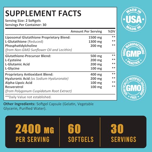 2400 MG Liposomal Glutathione Softgels, Max Absorption, Active Form L-Glutathione Reduced (GSH), with Hyaluronic Acid, Resveratrol, Master Antioxidants for Detox, Brain, Immune System, 60 Softgels
