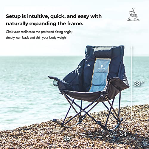 Dowinx Oversized Rocking Camping Chair, Fully Padded Patio Chair with Side Pocket and Carry Bag, High Back Portable Lawn Recliner with Headrest, Support 300 lbs, Black