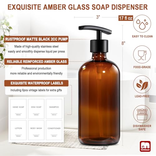 GMISUN Black Hand Soap Dispenser, 3 Pack Bathroom Glass Soap Dispenser with Plastic Pump, 16 Oz Kitchen Hand and Dish Dispenser Set, Modern Black
