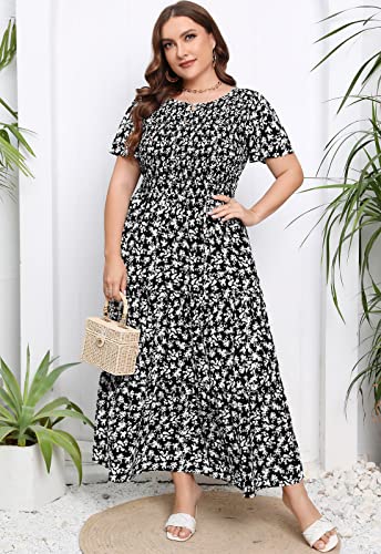 Younrui Womens Plus Size Long Maxi Dress with Pockets Floral Smocking Flutter Sleeves Tiered Layers Casual Dresses