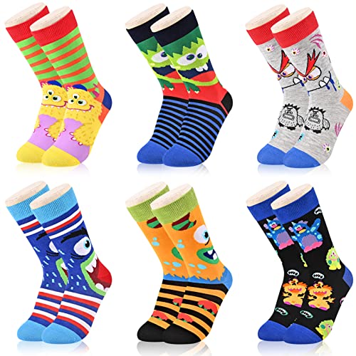 Dsia Zamur 6 Pack Novelty Kids Boys Monster Socks + Gift Box, Funny Crazy Eyes Colorful Athletic Halloween Christmas Stripe Calf Crew Socks for Girls Children Sons 2-4 Years