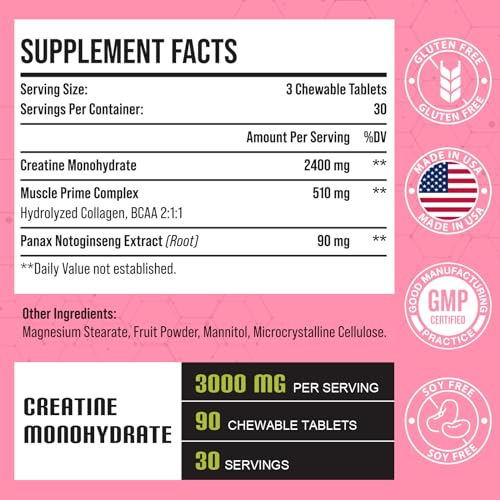 Creatine Monohydrate for Women, Creatine Supplement 3000 MG, with Hydrolyzed Collagen, BCAA, for Muscle Builder & Strength, Energy Boost, Faster recovery, Vegan, Non-GMO, Sugar Free, 30 Servings