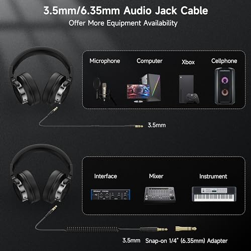Rumoon Wired Over Ear Headphones, Studio Monitor & Mixing DJ Headphones with 50mm Neodymium Drivers and 1/4 to 3.5mm Jack for Guitar AMP Podcast Piano Keyboard (Black)