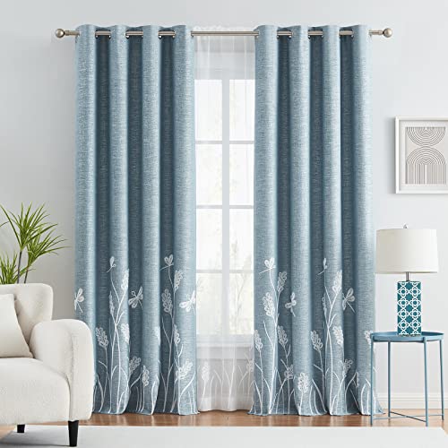 Melodieux Wheat Embroidery Linen Blackout Curtains for Living Room Bedroom Grommet Window Drape, White Wheat/Aqua Blue, 52 by 84 Inch (1 Panel)