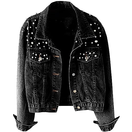 Ainangua Cropped Jean Jacket Women's Pearl Oversized Distressed Short Bridal Embroidered Beading Denim Jacket (Black, XS)