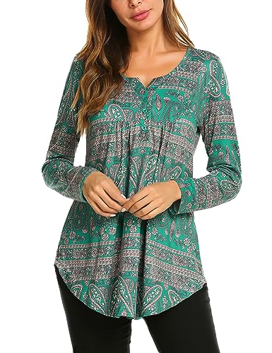 Halife Women's Long Sleeve V Neck Tops Paisley Printed Casual Tunic Blouses Loose Fall Shirts Dark Green M