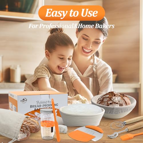 Banneton Bread Proofing Basket Set With Sourdough Bread Baking Supplies, Bread Making Kit Include 9''Round 10'' Oval & Baguette Cane Sourdough Proofing Basket With Dough Whisk Scrapers +Bread Lame…
