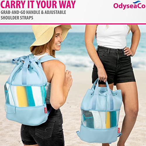 Odyseaco Beach Backpack Lightweight (Blue) - Neoprene Drawstring Beach Bags for Women Waterproof Sandproof - Ideal for Gym, Workout and Pool