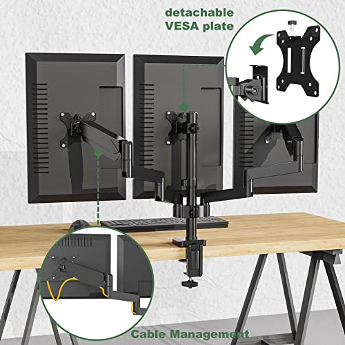 UPGRAVITY Triple Monitor Mount, 3 Monitor Desk Mount for Three Flat/Curved Computer Screens up to 27 inch, Fully Adjustable Gas Spring Triple Monitor Arms Hold up to 17.6lbs, VESA 75x75/100x100mm