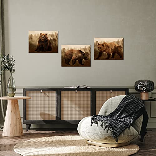 OuElegent Brown Bear Canvas Wall Art Forest Animal Art Print Painting Picture 3 Pieces Stretched and Framed for Living Room Bedroom Bathroom (small)