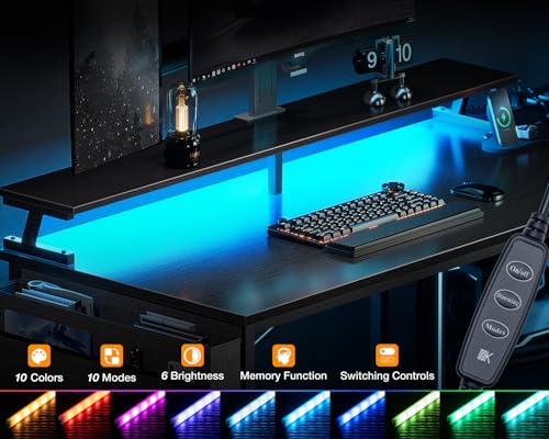 ODK 40 Inch Gaming Desk with USB Power Outlets and LED Lights, Reversible L Shaped Computer Desk with Storage Shelves & Monitor Stand, Corner Home Office Desk Table, Carbon Fiber Surface, Black