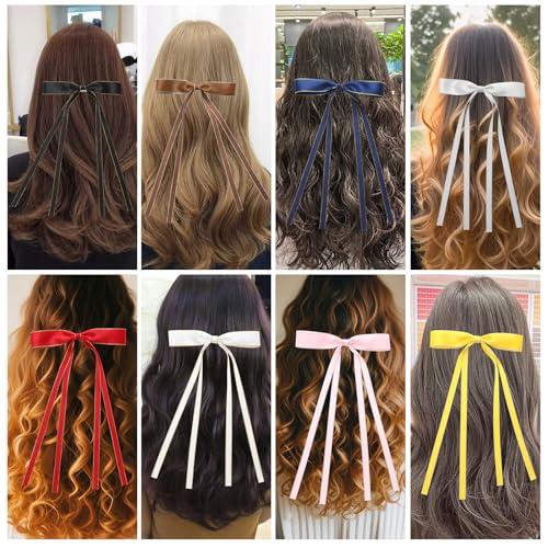 WORTL 10 PCS Satin Hair Accessories: Double Hair Ribbon Ponytail Holders, Metal Hair Clips and Bows for Women and Girls in Black and White