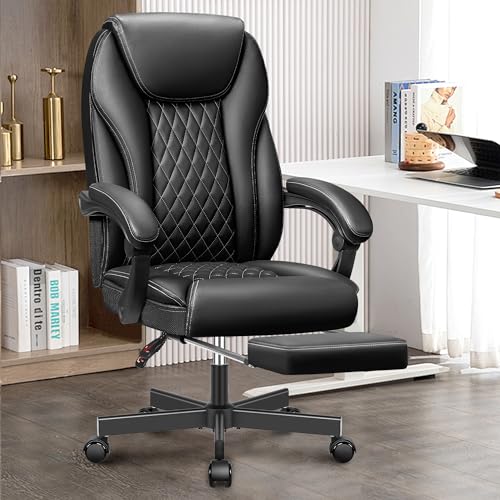 BestEra Executive Office Chair Big and Tall Home Office Chair, High Back Ergonomic Leather Chair with Footrest, Adjustable Height Computer Desk Chair with Wheels, Lumbar Support (Black)