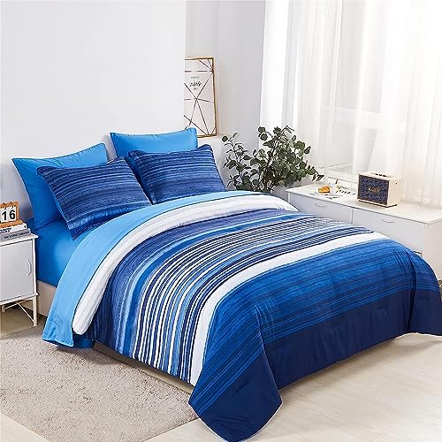 KAKIJUMN 5 Piece Bed in a Bag Stripe Comforter Set Twin Size, White and Blue Patchwork Striped Comforter and Sheet Set, All Season Soft Microfiber Complete Bedding Sets(Blue,Twin)