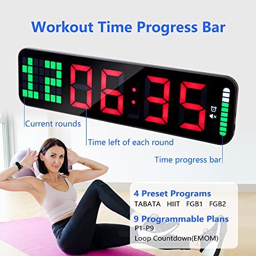 LUCORB Gym Timer, 15" Large Digital Wall Clock for Gym Interval Workout with Time Progress Bar Countdown/Up Stopwatch, Remote Control for Home Gym Garage Boxing Crossfit Fitness