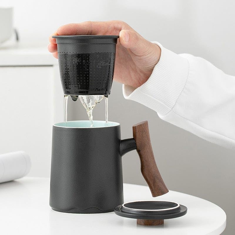 Matty's Garden Black Ceramic Coffee Mug and Tea Infuser - 12 oz with lid and steeper and wooden handle