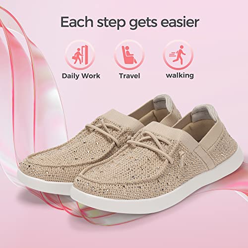 BELOS Women's Rhinestone Lace Up Loafers Shoes Comfortable Slip On Mesh Knit Walking Shoes Fashion Lightweight Sparkly Glitter Sneaker(Beige,7