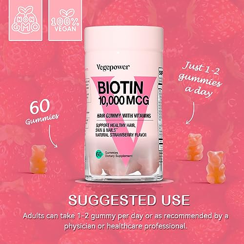 VEGEPOWER Biotin 10000mcg Hair Growth Gummies - Vegan Biotin Supplement Supports Healthy Hair, Skin and Nails, Non-GMO Hair Vitamin Gummy for Women Men Strawberry 60 Bears