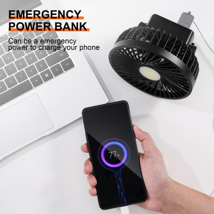 Odoland Camping Fan with LED Lantern, Rechargeable Battery Operated Fan with Hang Hook, Portable Camp Tent Fan, USB Table Fan with Light for Outages Hurricane Emergency