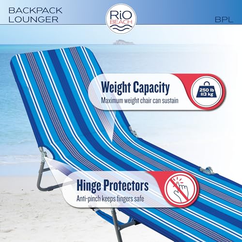 Rio Brands Portable Folding Backpack Beach Lounge Chair with Backpack Straps and Storage Pouch, Blue Multi Stripe