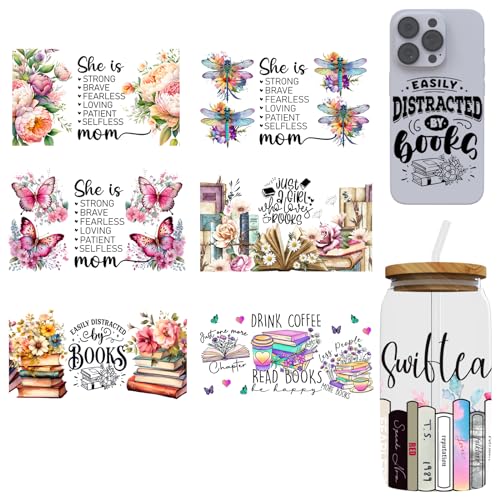 Dorsbaby 8 Sheets UV DTF Cup Wraps for 16 OZ, The Waterproof Items Can be Widely Used on Glass Can and Wooden Crafts (Books and Flowers)