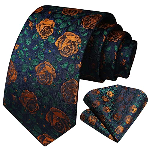 HISDERN Mens Green Floral Ties Woven Classic Necktie Set Formal Tie Pocket Suqare for Wedding Business with Handkerchief