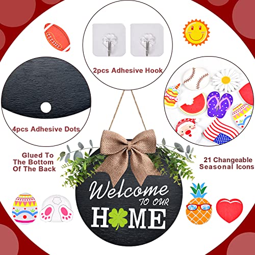 Interchangeable Welcome Home Sign, Seasonal Front Porch Door Decor With 21 Changeable Seasonal Icons for Halloween/Christmas/Independence Day, Rustic Wood Wreaths for Housewarming Gift (12") (Black)