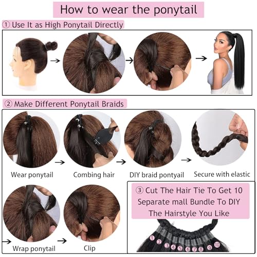 Kediciz Ponytail Extension Warp Around Pony Tail with Hair Tie 24inch Long Synthetic Yaki Straight Braiding Hair Ponytail DIY Braided for Women Girls Daily Party Cosplay,Black Brown