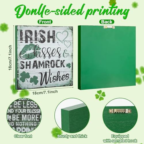 2 Pieces St Patrick's Day Decorations Shamrock Wood Blessing Box Signs Irish Table Decor Wood Block Plaque (7×7 inch, Green 2PCS)