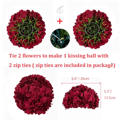 BLOSMON Hydrangea Flowers Ball Centerpieces: 2 Pcs Burgundy Fake Flowers Artificial Silk Flower Balls Faux Hydrangeas Floral Arrangements Bouquet for Wedding Home Room Table Decoration
