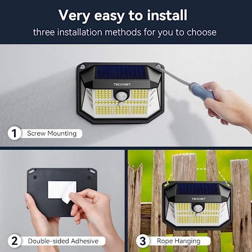 TECKNET 231 LED Solar Lights for Outside, 2 Pack 300°Solar Motion Lights Outdoor with 3 Lighting Modes, IP65 Waterproof PIR Outdoor Motion Sensor Light for Front Door, Fence, Garden, Yard, Garage