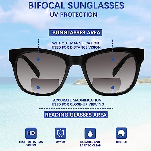 STASTEND 4 Pack Bifocal Reading Sunglasses for Women Men,UV400 Sun Readers Glasses (2 Black 2 DM, 1.00, multiplier_x)